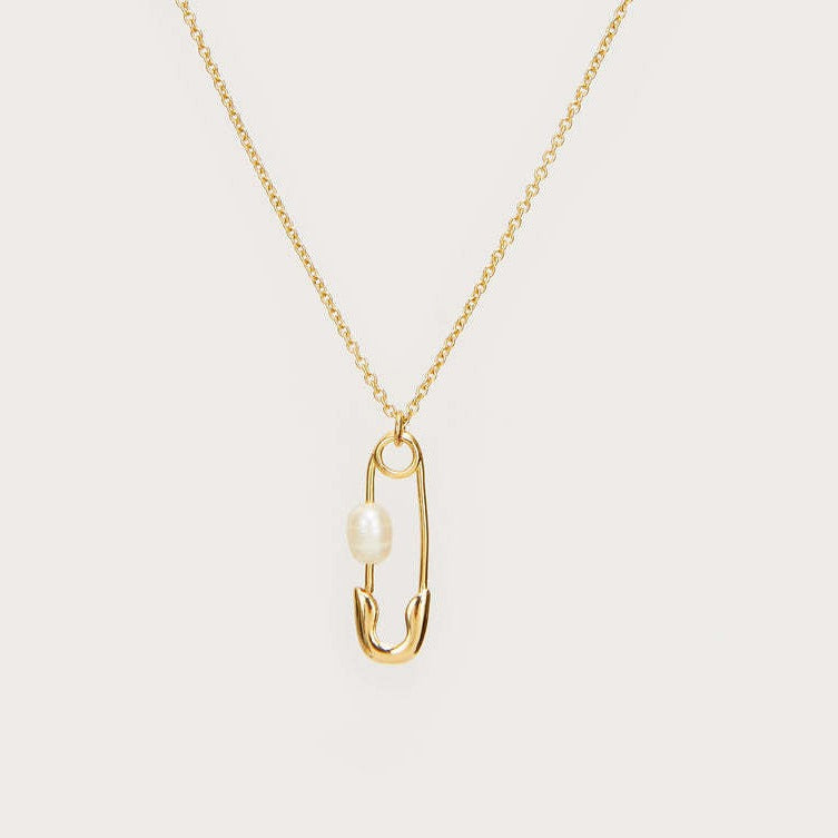 Elegant Gold Safety Pin Necklace with Pearl Accent