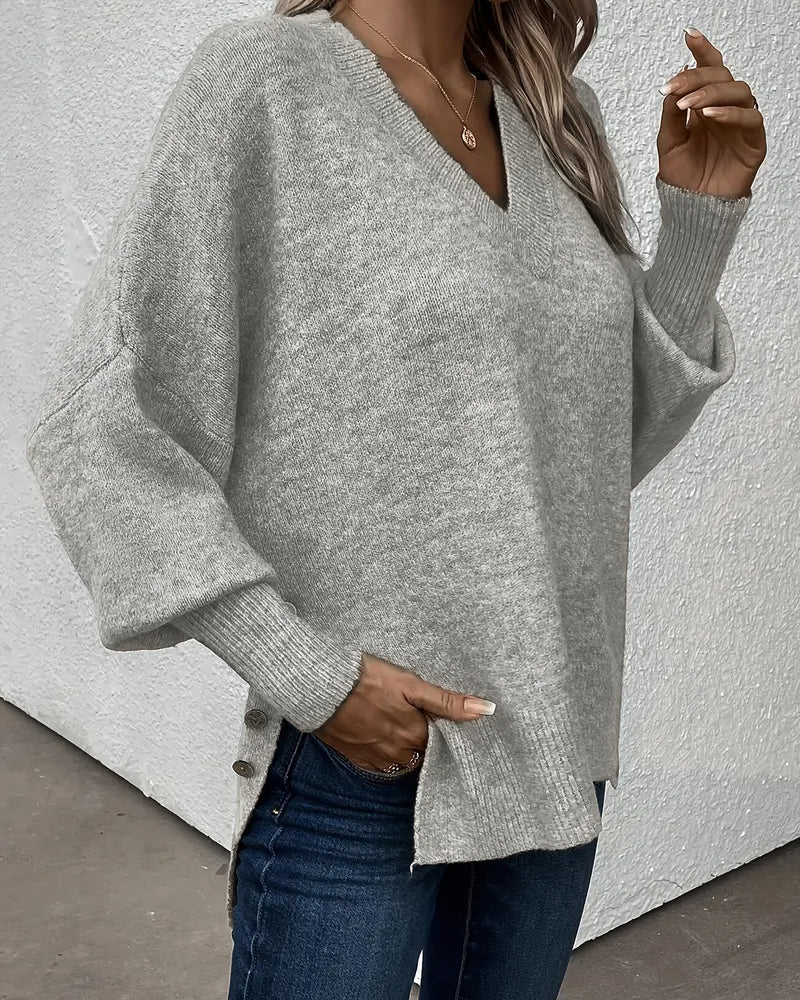 Lynelle™ | Knit Sweater with Lantern Sleeves & V-Neck