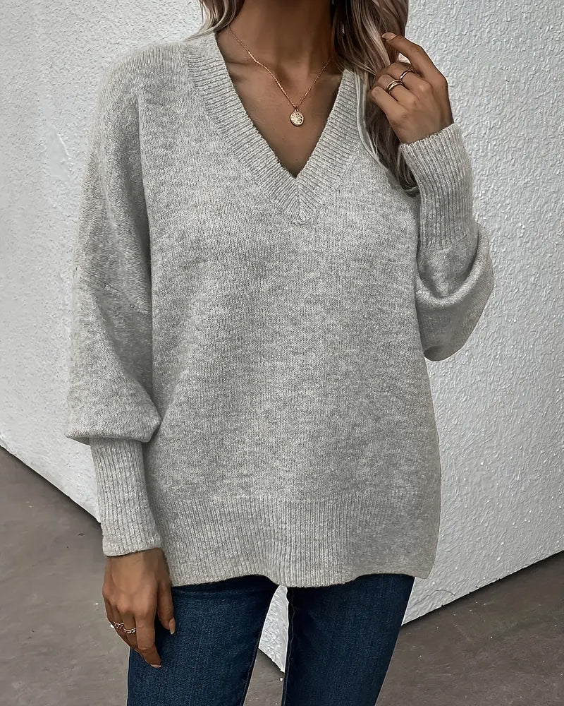 Lynelle™ | Knit Sweater with Lantern Sleeves & V-Neck