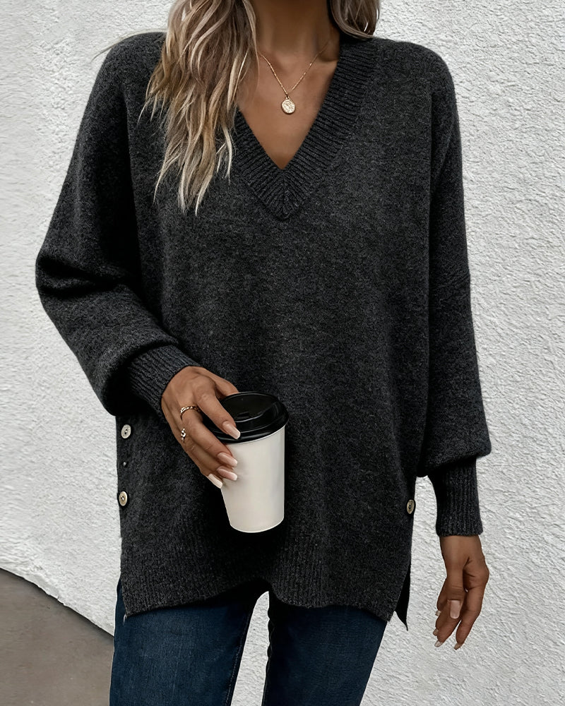 Lynelle™ | Knit Sweater with Lantern Sleeves & V-Neck