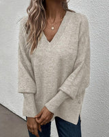 Lynelle™ | Knit Sweater with Lantern Sleeves & V-Neck