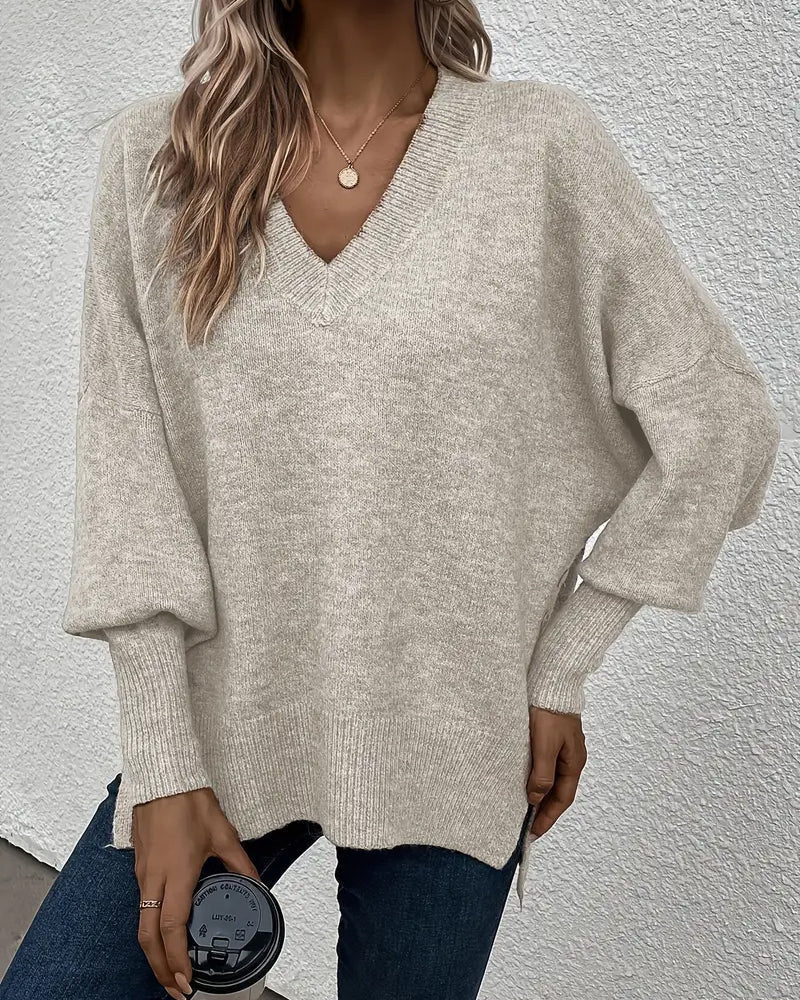 Lynelle™ | Knit Sweater with Lantern Sleeves & V-Neck