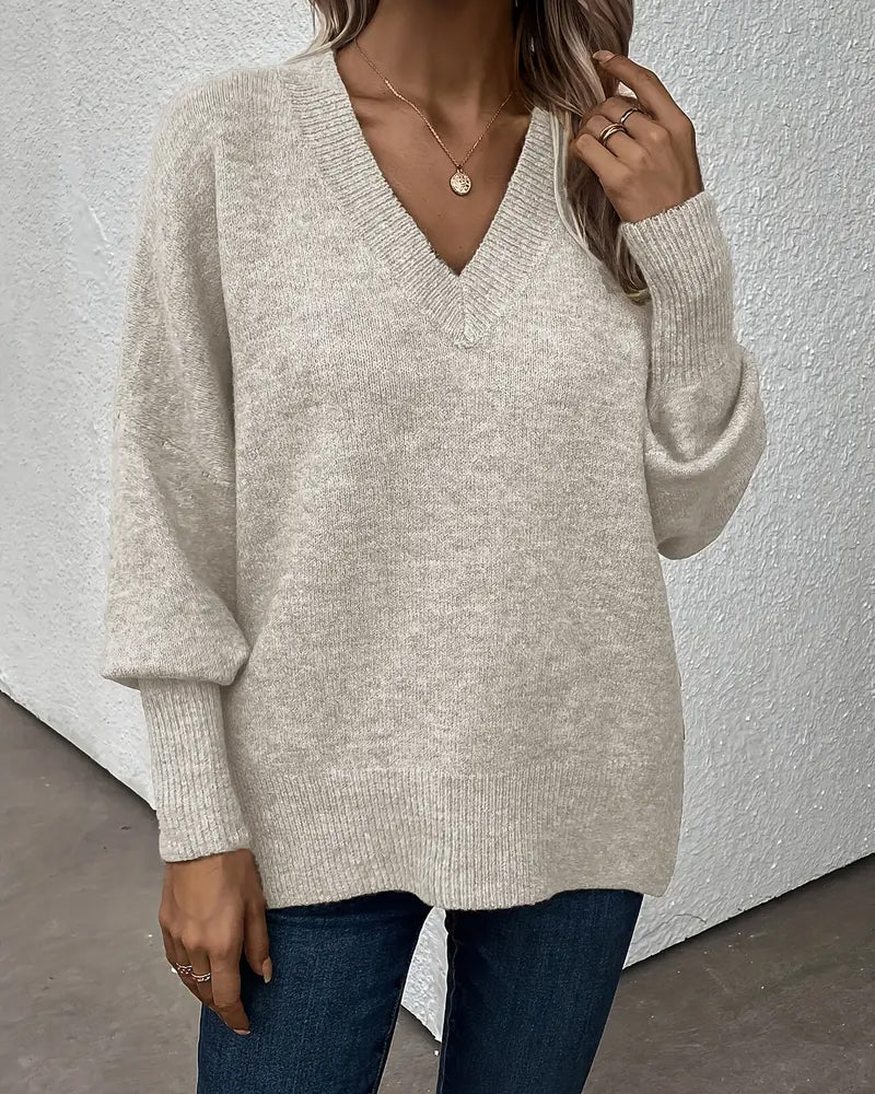Lynelle™ | Knit Sweater with Lantern Sleeves & V-Neck