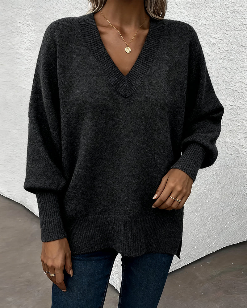 Lynelle™ | Knit Sweater with Lantern Sleeves & V-Neck