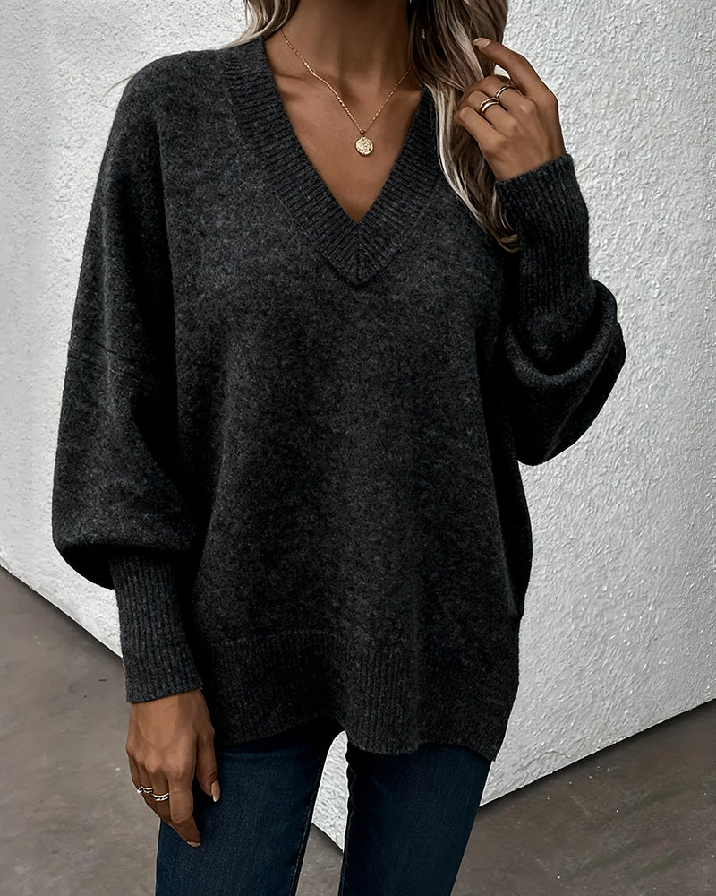 Lynelle™ | Knit Sweater with Lantern Sleeves & V-Neck