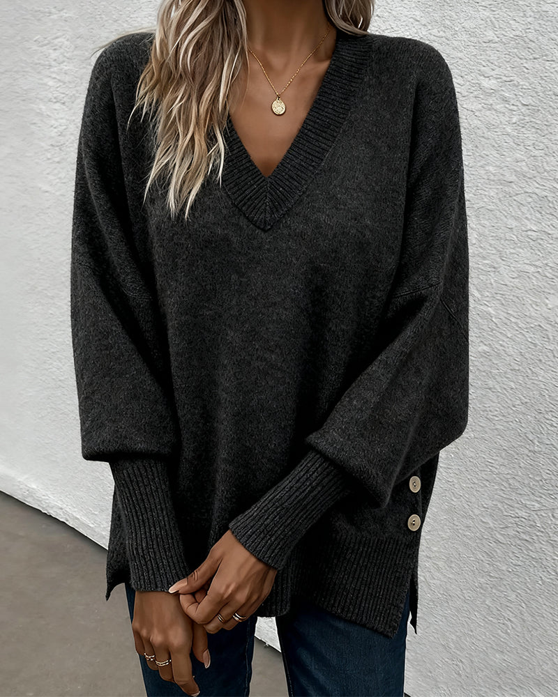 Lynelle™ | Knit Sweater with Lantern Sleeves & V-Neck
