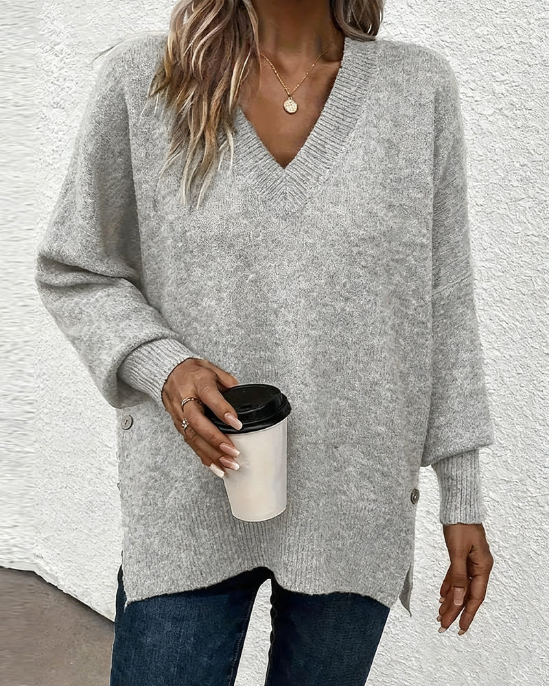 Lynelle™ | Knit Sweater with Lantern Sleeves & V-Neck