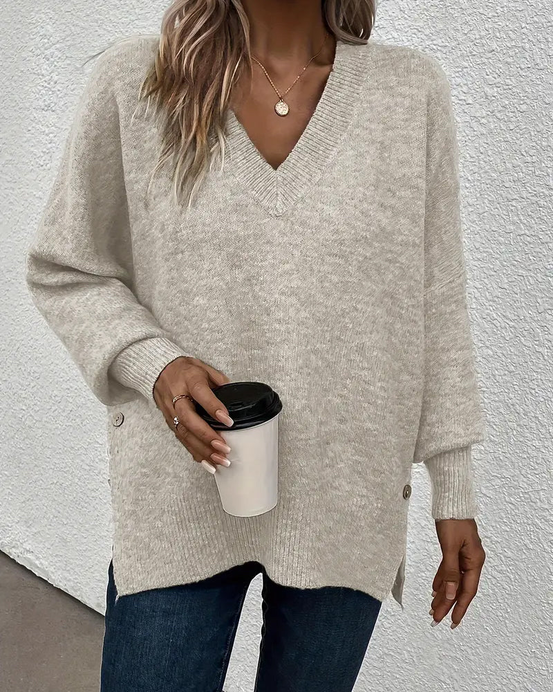 Lynelle™ | Knit Sweater with Lantern Sleeves & V-Neck