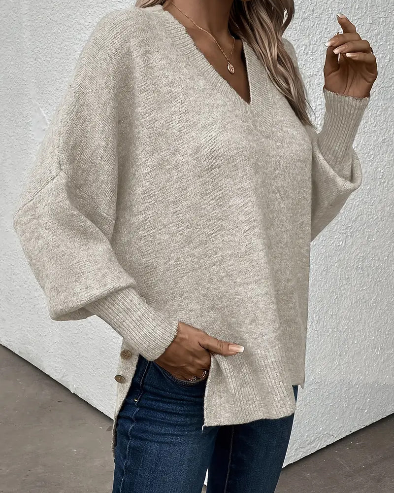 Lynelle™ | Knit Sweater with Lantern Sleeves & V-Neck